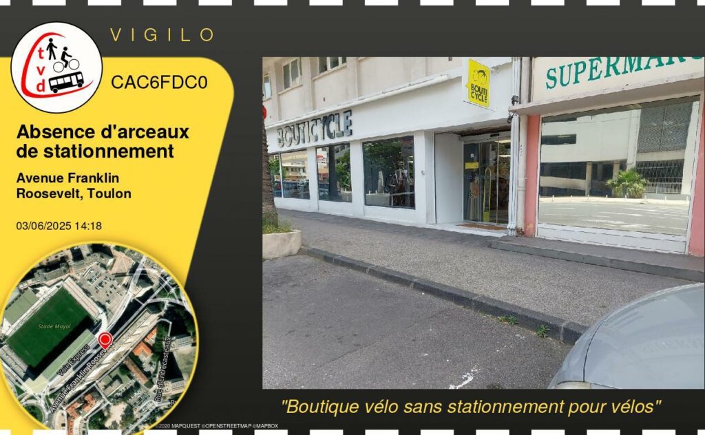 Planche vigilo qui montre l'entrée de la boutique "Bouticycle" à Toulon.
Catégorie: Absence d'arceaux de stationnement
Commentaire: Boutique vélo sans stationnement pour vélos.