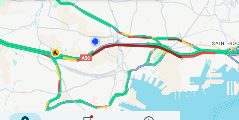 Capture d'écran de google maps, qui montre la situation d'embouteillage à l'ouest de Toulon.
